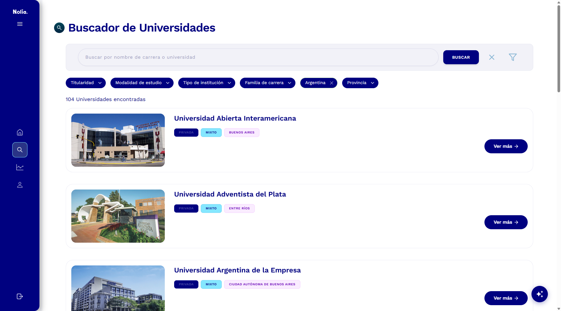 Plataforma de Nolia: buscador de universidades con filtros y resultados
